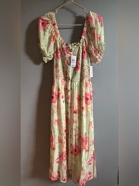 The CURE Floral Puff-Sleeve Women’s Dress in Light Green with Pink Roses NWT